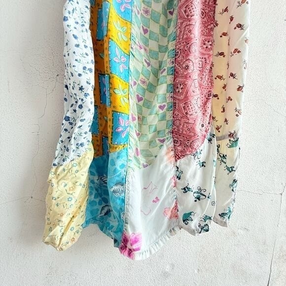 Vtg 90s Patchwork Maxi Dress Rayon Embroidered Trim Tie Back Waist Womens L Boho - Picture 2 of 8